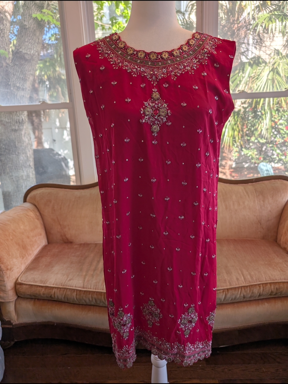 Bollywood Style Embellished Fuchsia Sleeveless Shift Dress